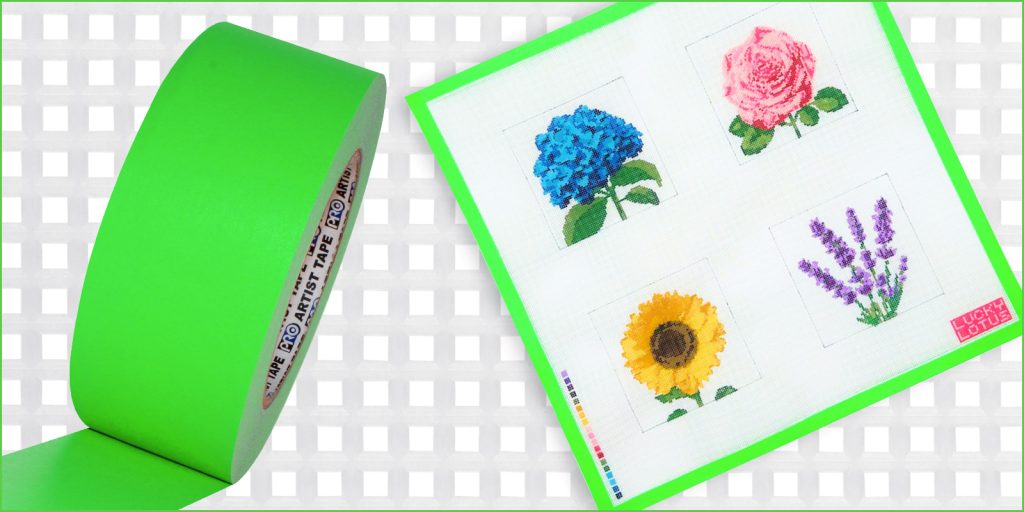 Pro artist tape in Fluorescent green next to one of Sydney's needlepoint pieces. 